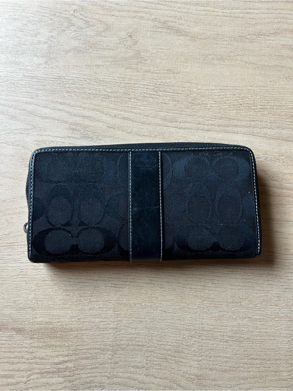 Coach Black “C” Monogram Logo Leather Trim Zip Wallet